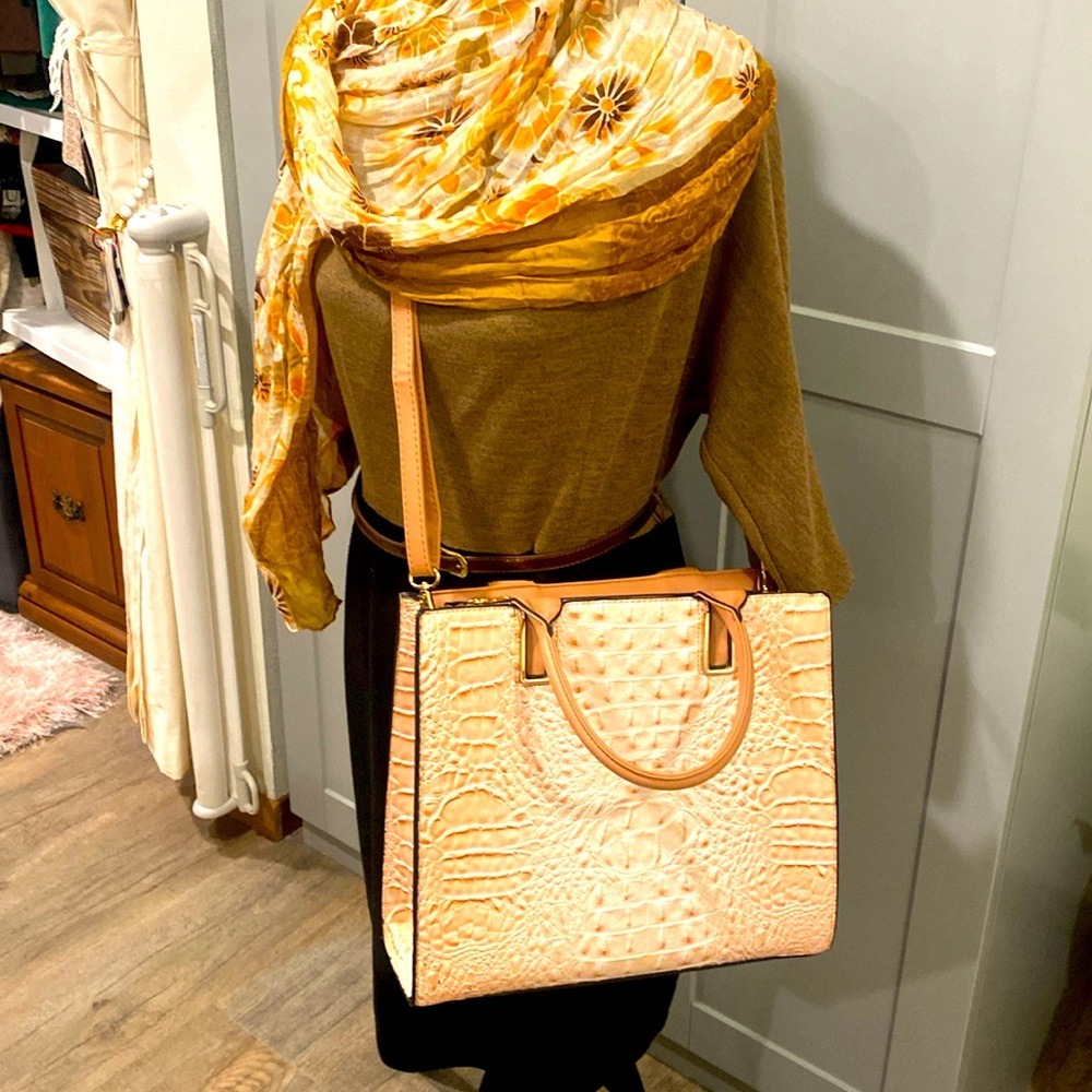 Gorgeous light pink vegan crocodile leather tote with animal print lining